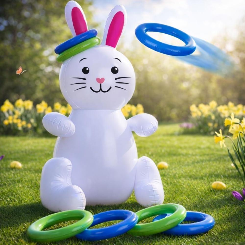 image:image30 Easter Bunny Inflatable Ring Toss Game Easter Games for Kids with 6 Rings Weighted Bottom to Keep Inflatable Rabbit Upright Family Outdoor Easter Party Games for Kids and Adults