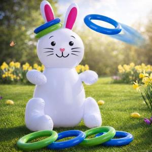 30″ Easter Bunny Inflatable Ring Toss Game – Easter Games for Kids with 6 Rings – Weighted Bottom to Keep Inflatable Rabbit Upright – Family Outdoor Easter Party Games for Kids and Adults