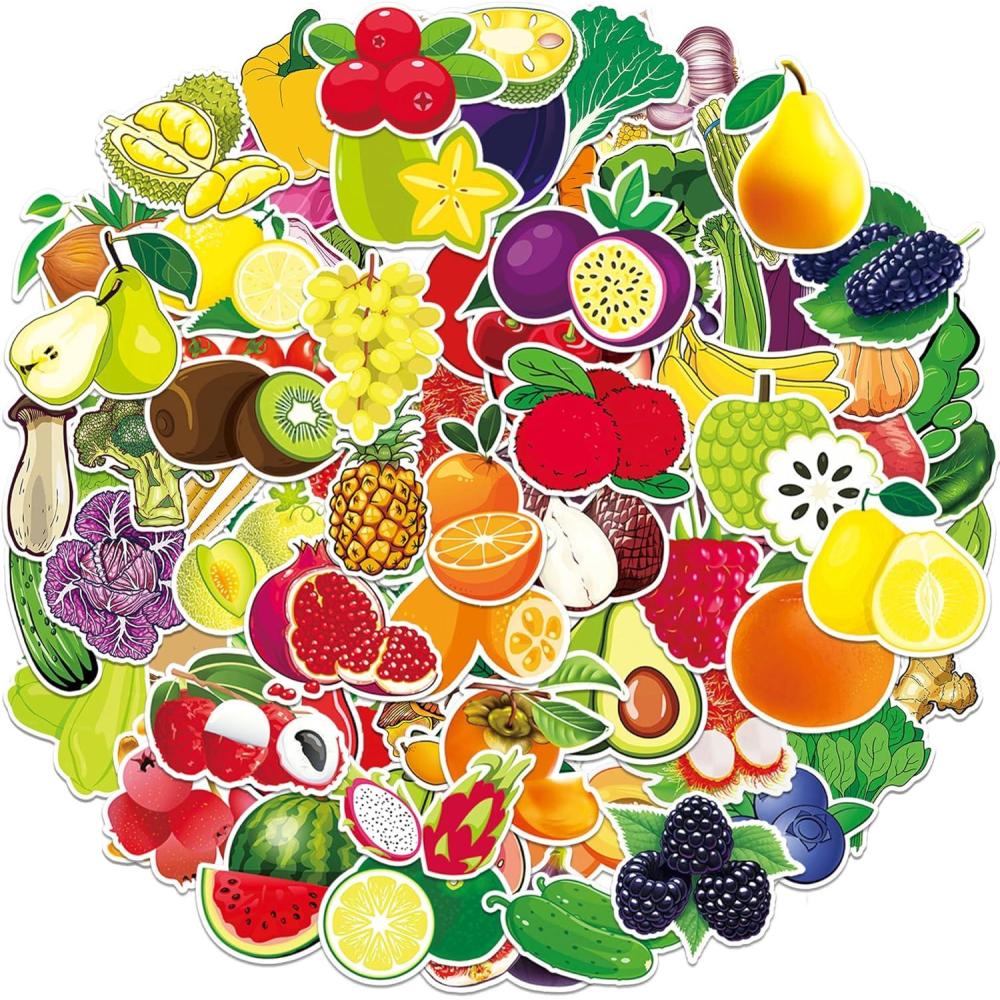 image:imageAssorted Fruit amp Vegetable Stickers for Kids  Set of 100  50 Fruits amp 50 Veggies  Colorful Water Bottle Stickers
