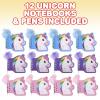 ArtCreativity Unicorn Notebook and Pen Set for Kids, Set of 12, Feather-Tipped Pen and Small Glittery Note Pad with Loop Pen Holder Per Set, Fun Stationery Party Favors, Goodie Bag Fillers, Teacher Re