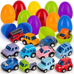 ArtCreativity Pre-Filled Easter Eggs with Diecast Vehicles for Hunt – 12 Emergency & Community Vehicles, Fire trucks, Ambulances with Pull-Back Function – Easter Basket Stuffers(Emergency & Community Vehicles)