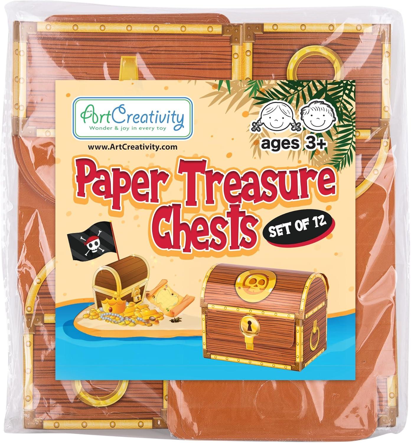 image:imageArtCreativity Treasure Chests Party Treat Boxes for Kids Set of 12 Sturdy Cardboard Treasure Chest Gable Box with Realistic Print Pirate Party Favors Supplies Treat Bags Birthday Gift Goodie Bags