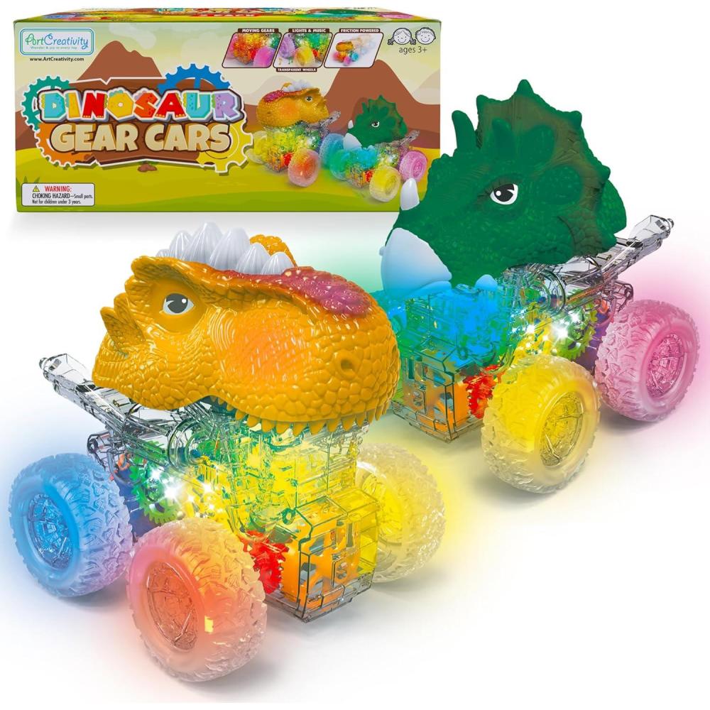 image:imageArtCreativity Light Up Gear Dinosaur Truck Toys  Set of 2  Trucks with Moving Gears Multicolored Lights Music and Transparent FrictionPowered Wheels  Monster Truck Toys for Boys 24 amp Gifts