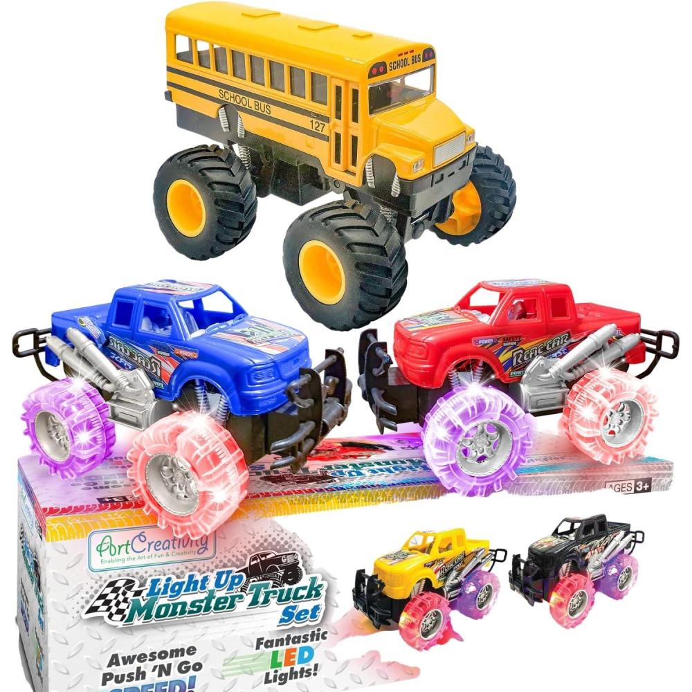 image:imageArtCreativity Light Up Monster Trucks and Monster School Bus Set  The Ultimate Gifts for Kids