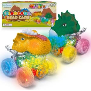 ArtCreativity Light Up Gear Dinosaur Truck Toys – Set of 2 – Trucks with Moving Gears, Multicolored Lights, Music, and Transparent Friction-Powered Wheels – Monster Truck, Toys for Boys 2-4 & Gifts