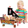 ArtCreativity Wooden Pirate Ship Toy Set for Kids – Pirate Play Set with Wood Ship, Cannon, Barrel, Treasure Chest, Bench, 4 Pirates – Toy Ship for Boys 3-5 – Pirate Gifts for Christmas