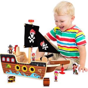 ArtCreativity Wooden Pirate Ship Toy Set for Kids – Pirate Play Set with Wood Ship, Cannon, Barrel, Treasure Chest, Bench, 4 Pirates – Toy Ship for Boys 3-5 – Pirate Gifts for Christmas