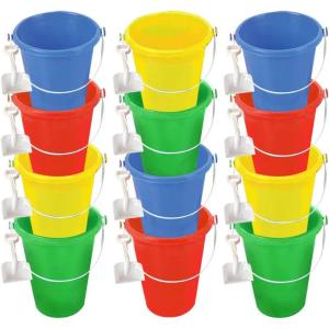 ArtCreativity 6 Inch Mini Plastic Beach Bucket and Shovel Set – Pack of 12 – Assorted Colors Buckets and White Shovels – Summer Beach Toys – Practical Gift, Party Favor and Prize