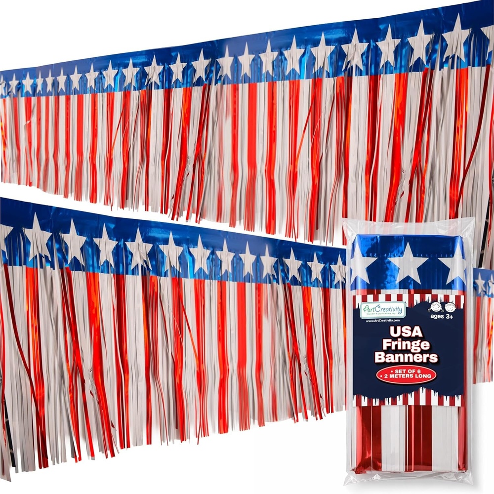 image:imageArtCreativity Patriotic USA Fringe Decoration 40ft x 1375 Fourth of July Red White and Blue Decorations Include 6 Banners USA Accessories for Parade Float 4th of July Outdoor Party Backdrop