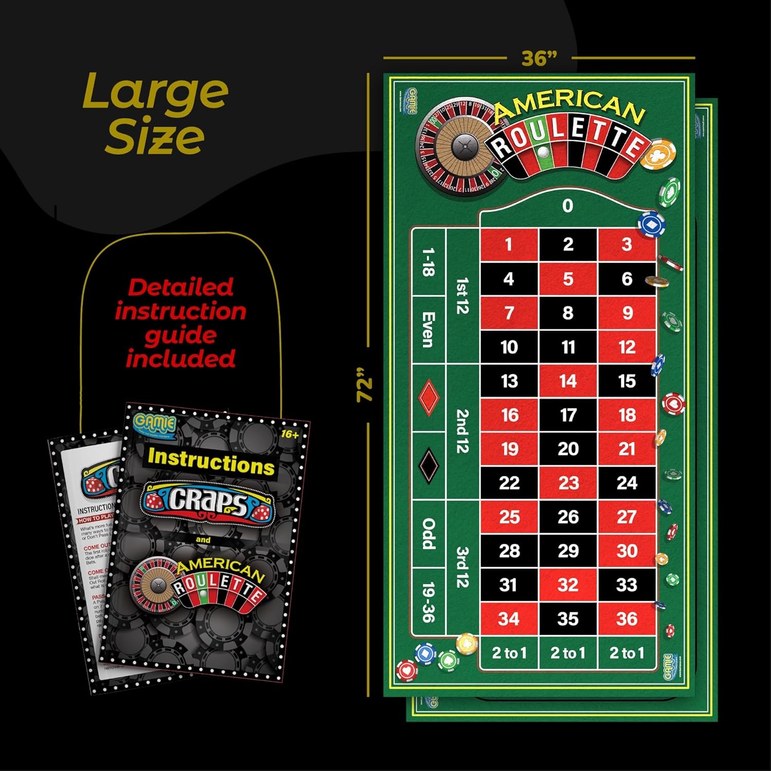image:imageGamie Double Sided Felt Casino Mat 36 x 72 for Blackjack amp Texas Holdem Poker 2in1 Texas Holdem Poker Mat amp Blackjack Mat Professional Grade Poker Tabletop Mat with Instructions BookletCraps Roulette