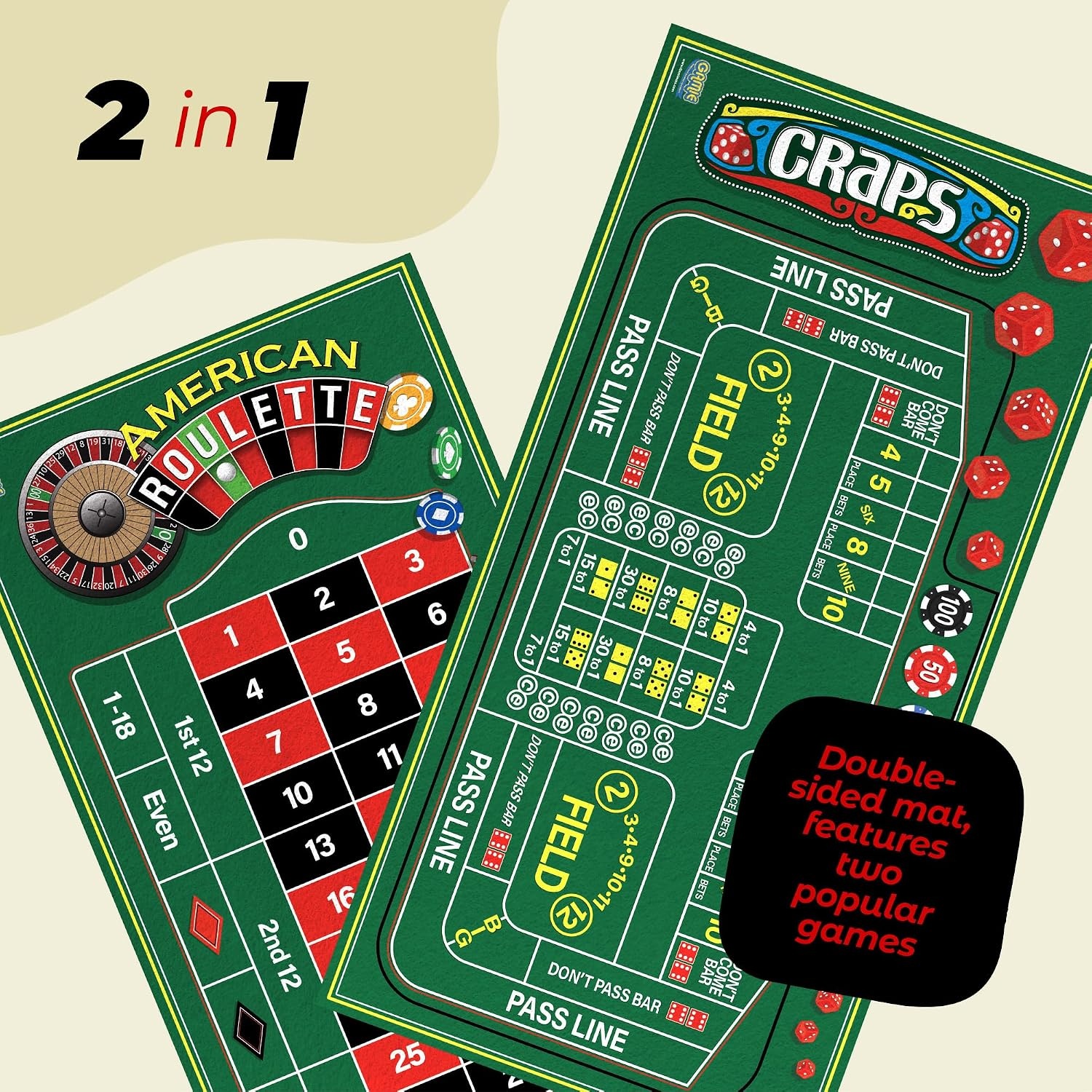 image:imageGamie Double Sided Felt Casino Mat 36 x 72 for Blackjack amp Texas Holdem Poker 2in1 Texas Holdem Poker Mat amp Blackjack Mat Professional Grade Poker Tabletop Mat with Instructions BookletCraps Roulette