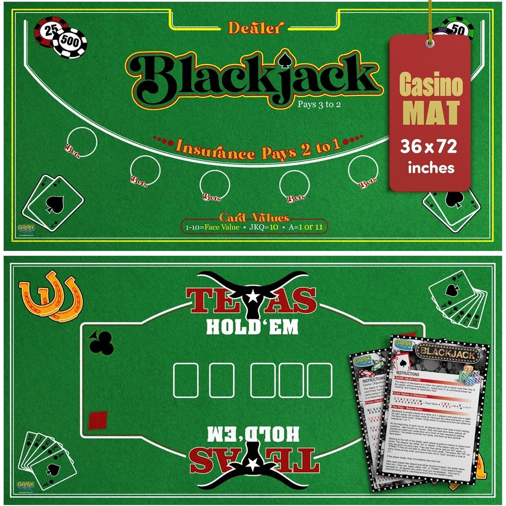 image:imageGamie Double Sided Felt Casino Mat 36 x 72 for Blackjack amp Texas Holdem Poker 2in1 Texas Holdem Poker Mat amp Blackjack Mat Professional Grade Poker Tabletop Mat with Instructions BookletBlackjack Texas Holdem